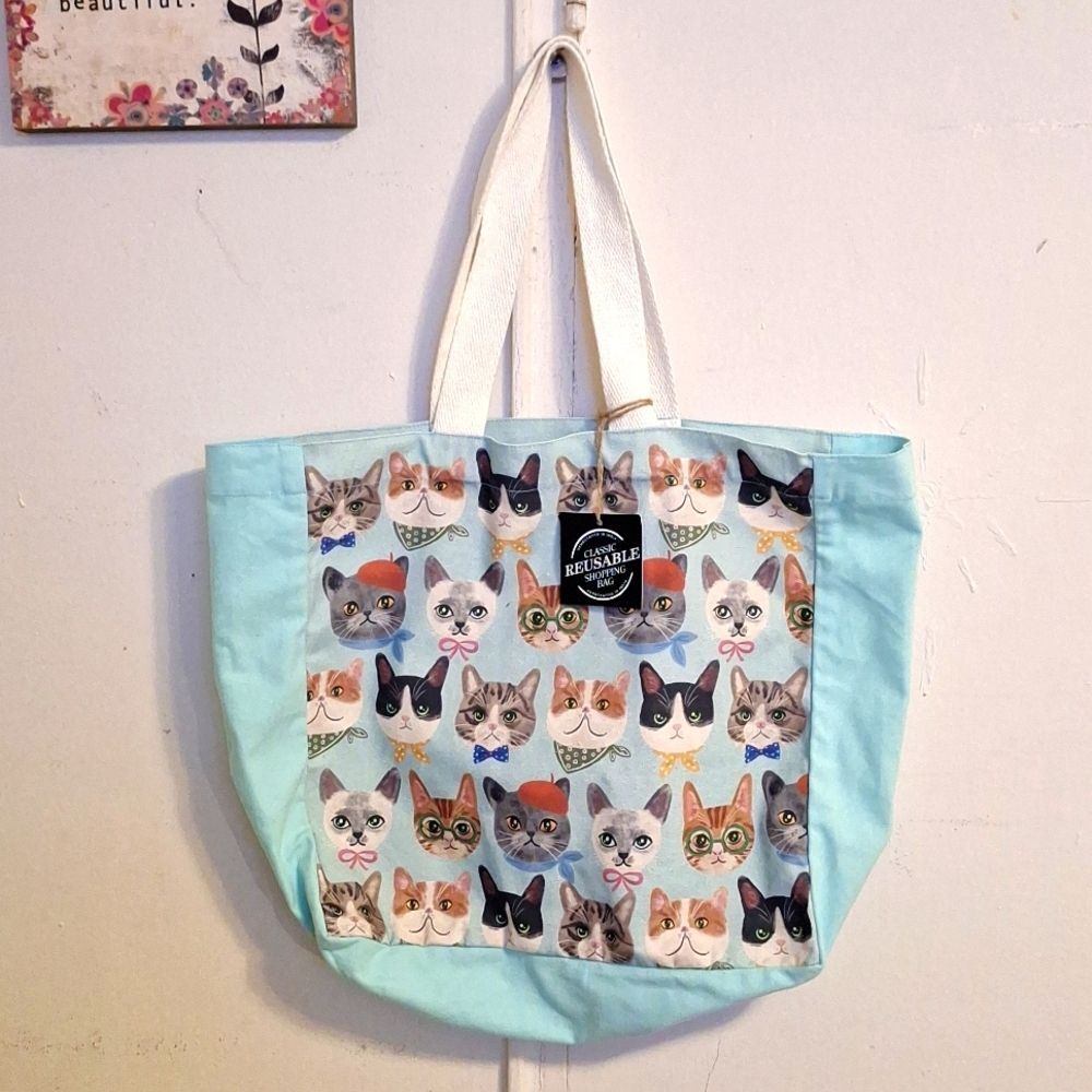 Cat tote bag cotton reusable shopping bag large Capacity catlady bag
